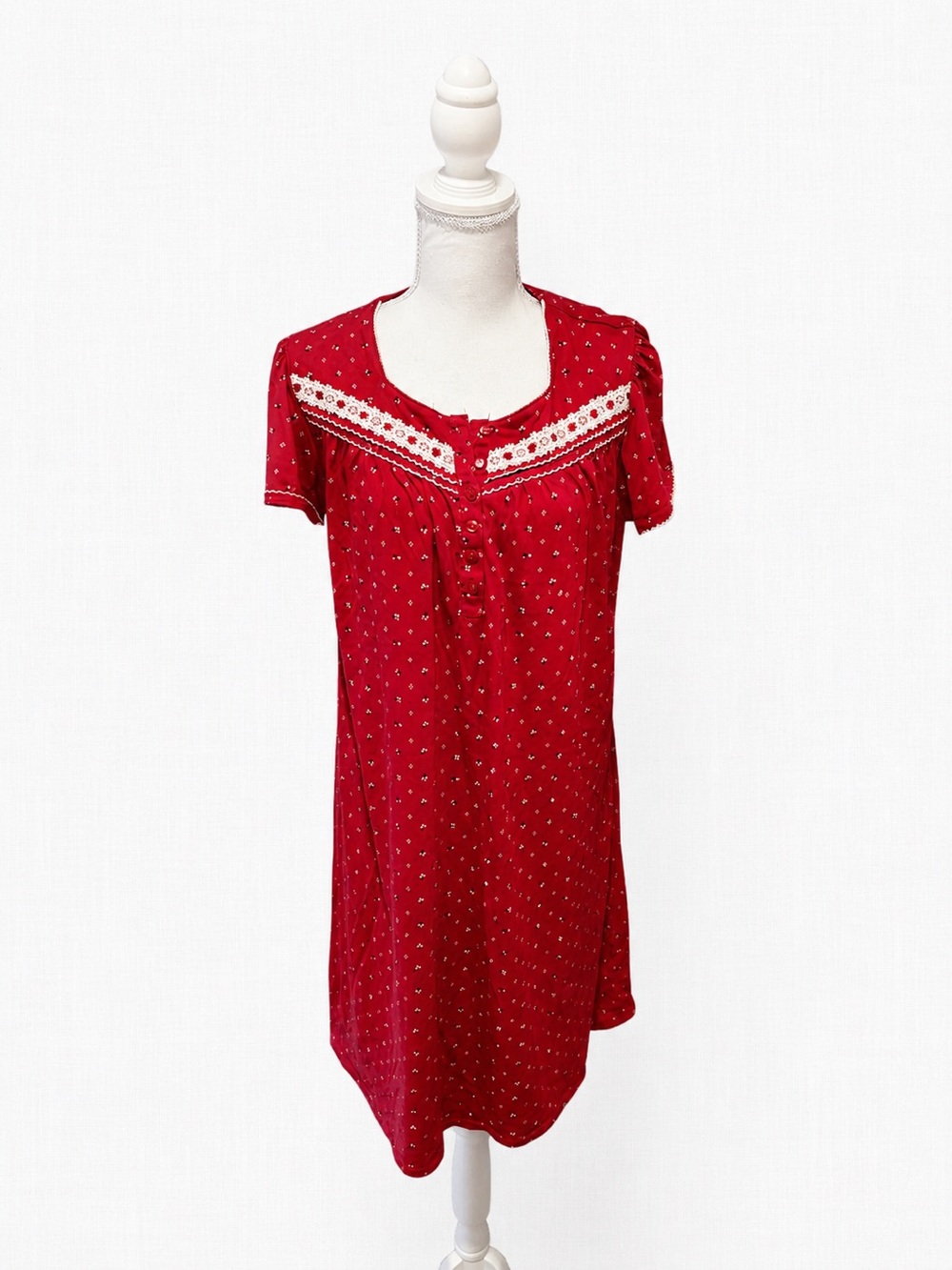 Red Short Sleeve Dot-Print Dress with Lace Yoke